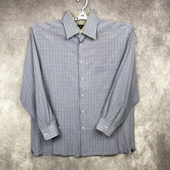 BUGATCHI Button Front Shirt Men Large Blue Plaid Hidden Button Collar Rayon/Poly - Picture 1 of 11